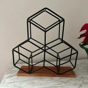 Wooden and metal bottle holder holds 9 bottles geometric shaped NWOT